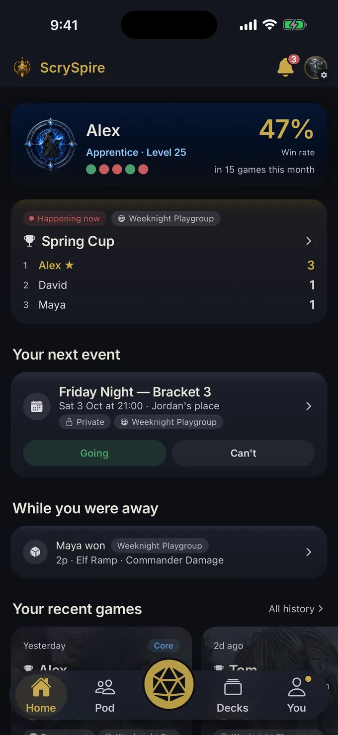ScrySpire home dashboard